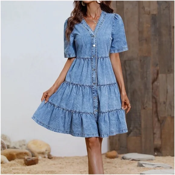 Chambray Button up Ruffle denim Mini Dress - Picture 3 of 7
